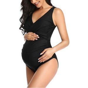 NWT Summer Sunshine Black Maternity Front Cross Side Ruched One Piece Swimsuit